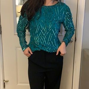 Vintage Beaded & Sequin Aqua Long Sleeve Blouse